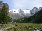 Il bellissimo Pian di Verra inferiore visto appena fuori dalla pineta, il sentiero per il lago blu prosegue a sinistra, dove superate le case in fondo alla piana comincia a salire costeggiando la sinistra del torrente