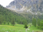 Sullo sfondo il valloncello da risalire per raggiungere i laghi di Estoul